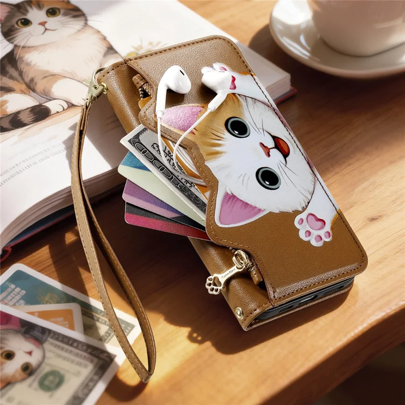 For Xiaomi 17T Case Cute Cat Pattern PU Leather Wallet Phone Cover with Wrist Strap - Brown