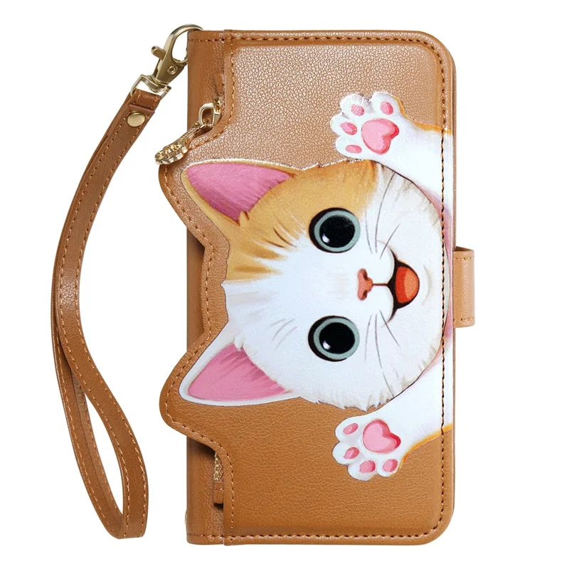 For Xiaomi 17T Case Cute Cat Pattern PU Leather Wallet Phone Cover with Wrist Strap - Brown
