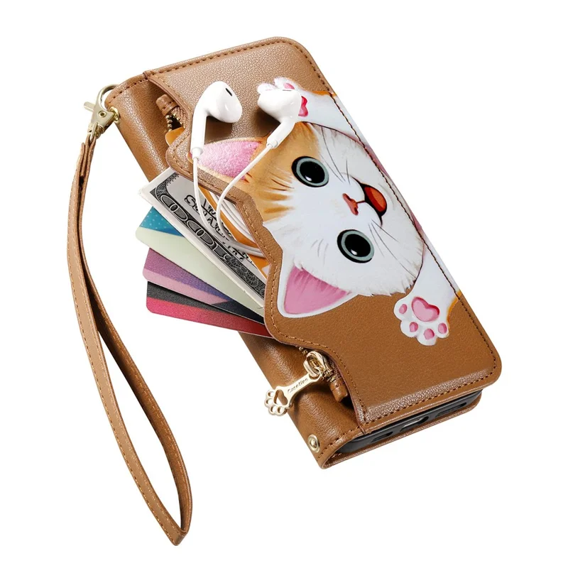 For Xiaomi 17T Case Cute Cat Pattern PU Leather Wallet Phone Cover with Wrist Strap - Brown