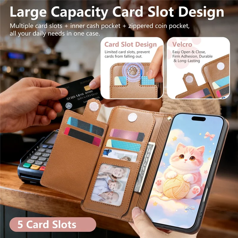 For Xiaomi 17T Case Cute Cat Pattern PU Leather Wallet Phone Cover with Wrist Strap - Brown