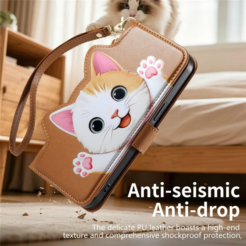 For Xiaomi 17T Case Cute Cat Pattern PU Leather Wallet Phone Cover with Wrist Strap - Brown