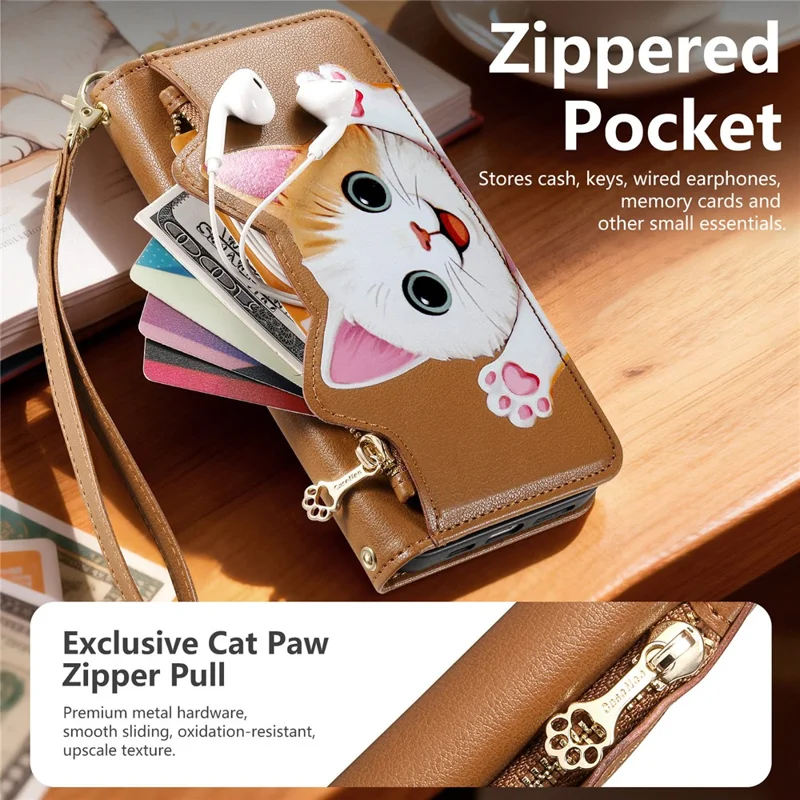 For Xiaomi 17T Case Cute Cat Pattern PU Leather Wallet Phone Cover with Wrist Strap - Brown