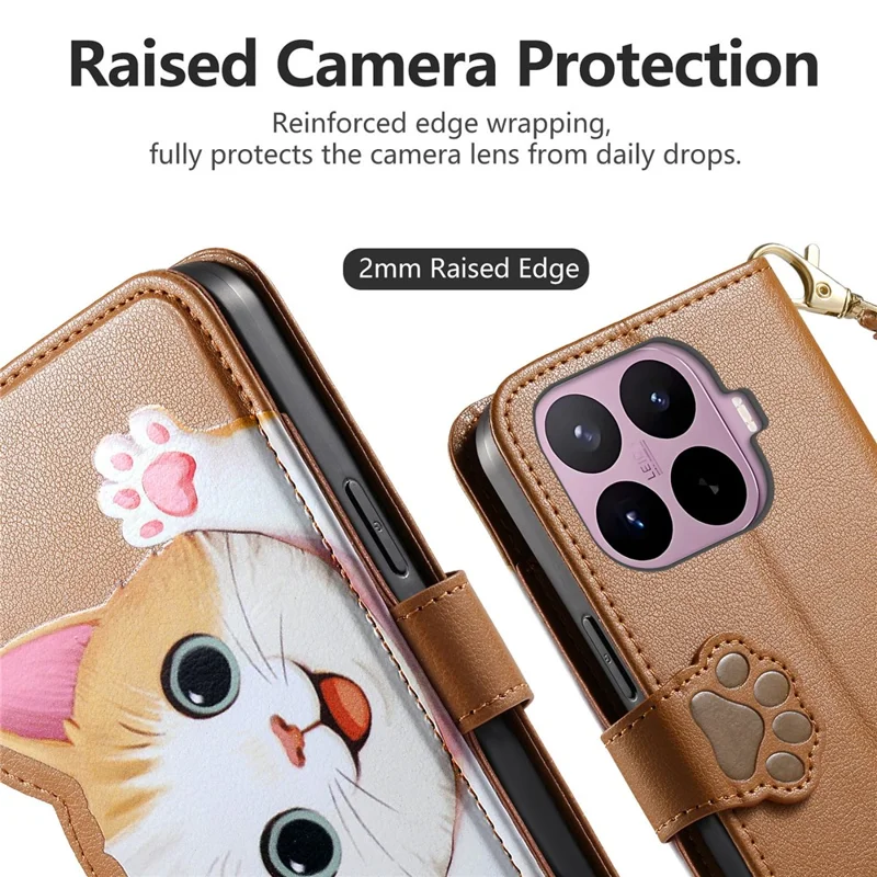 For Xiaomi 17T Case Cute Cat Pattern PU Leather Wallet Phone Cover with Wrist Strap - Brown