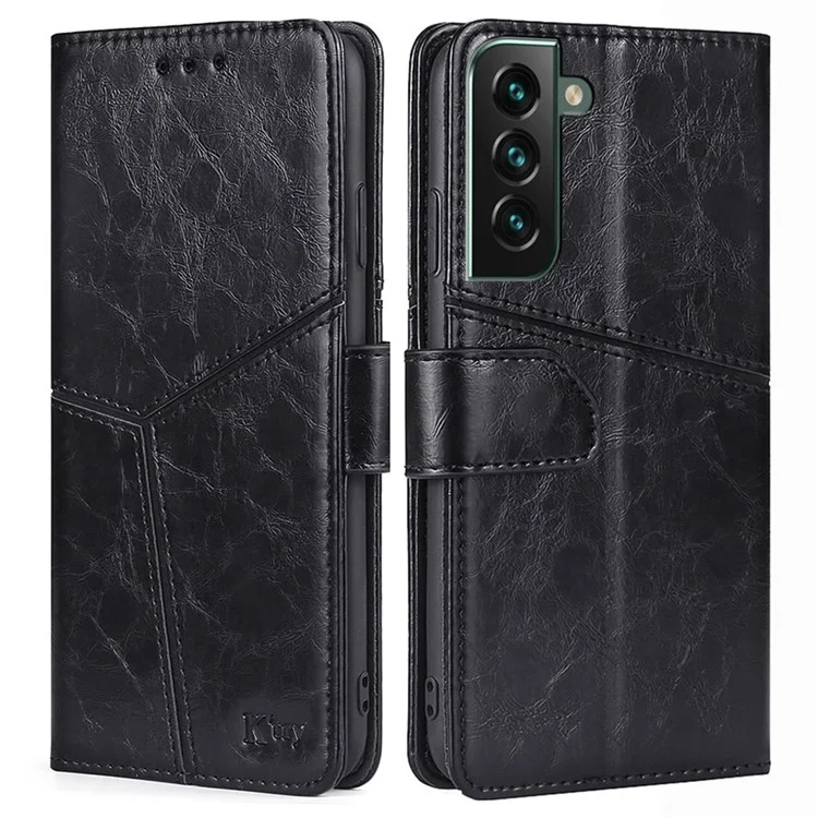 For Samsung Galaxy S23+ Geometric Splicing Phone Case PU Leather Stand Wallet Well-protected Folio Flip Cover - Black