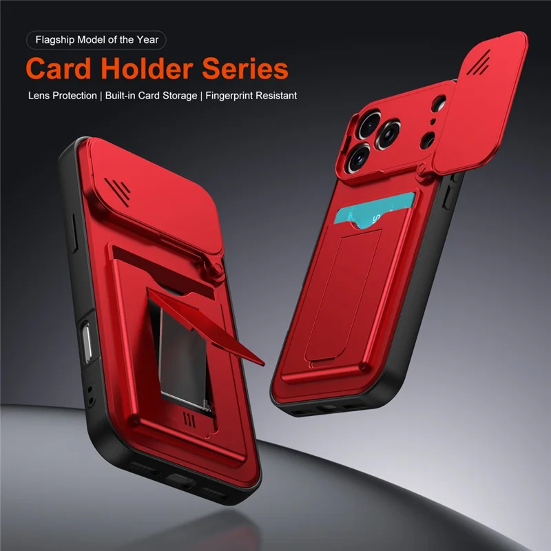 Für iPhone 17 Pro Max Hülle Objektivschutz Ständer PC + TPU Handyhülle mit Kartenfach - Rot