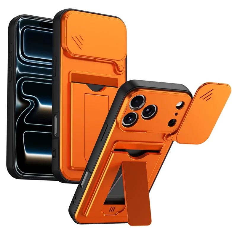 Чехол для iPhone 17 Pro Max с защитой объектива, подставкой, картхолдером из PC + TPU - Оранжевый