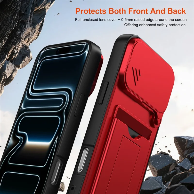 Чехол для iPhone 17 Pro Max с защитой объектива, подставкой, картхолдером из PC + TPU - Оранжевый