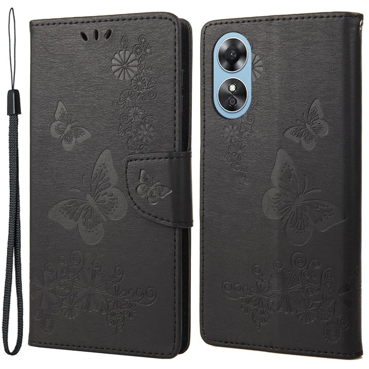 Mobiltelefonhülle Für Oppo A17 4G Wallet Phone Hülle Schmetterlinge Blumendruck PU Leder Flip Folio Telefonabdeckung Mit Ständer - Schwarz