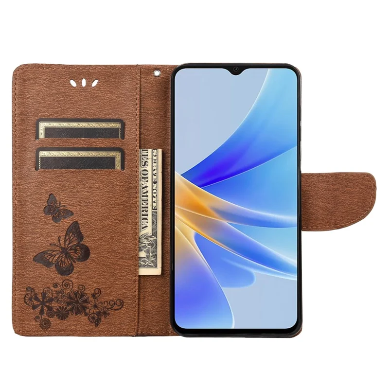 Mobile Phone Case for Oppo A17 4G / A17k 4G Wallet Phone Case Butterflies Flower Imprinting PU Leather Flip Folio Phone Cover with Stand - Brown