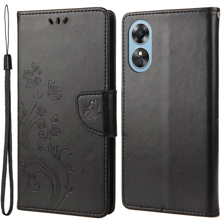 Per Oppo A17 4G Anti-drop Flower Butterfly Protective Cover Protective Cover PU Leather Portafoglio Custodia - Nero