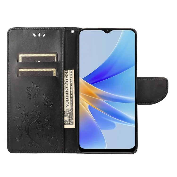 Per Oppo A17 4G Anti-drop Flower Butterfly Protective Cover Protective Cover PU Leather Portafoglio Custodia - Nero