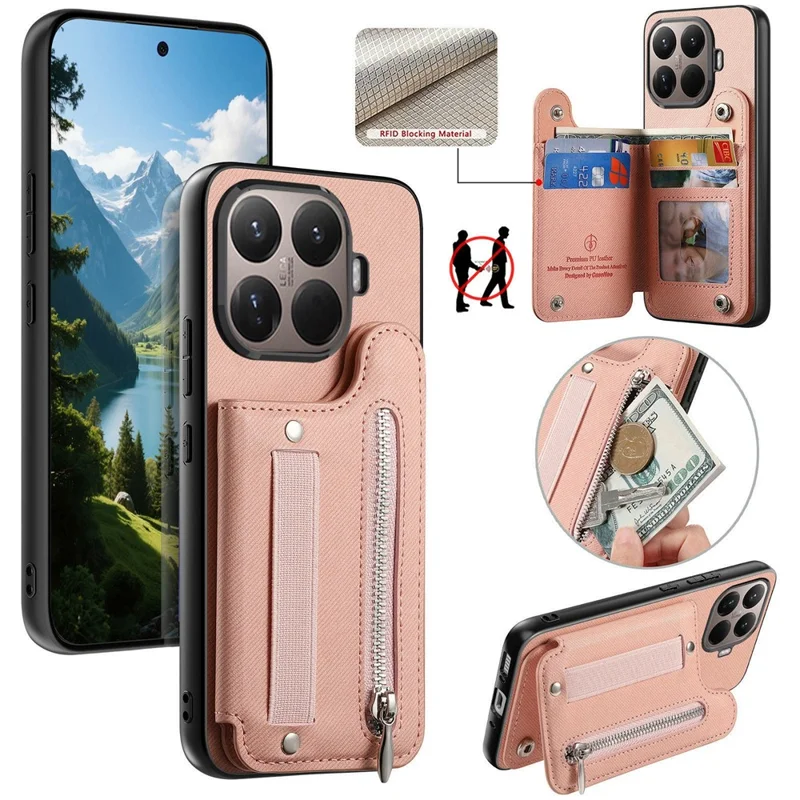 For Xiaomi 17T Case RFID Blocking Card Holder Jeans Cloth Texture Leather Back Cover with Elastic Wristband - Pink