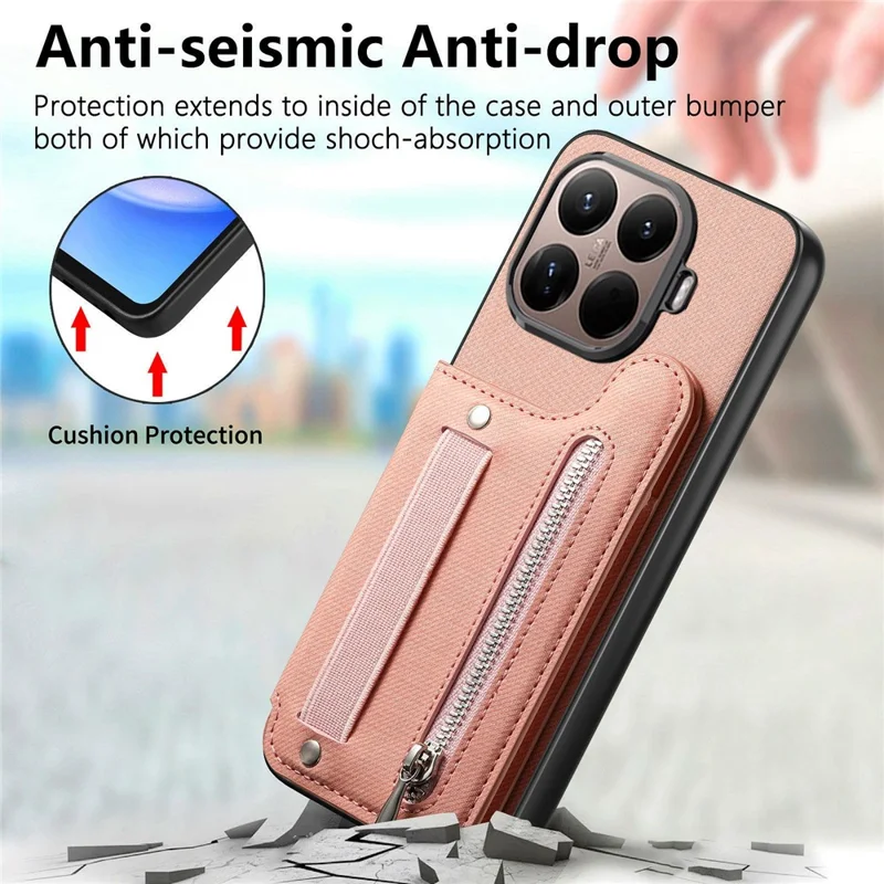For Xiaomi 17T Case RFID Blocking Card Holder Jeans Cloth Texture Leather Back Cover with Elastic Wristband - Pink