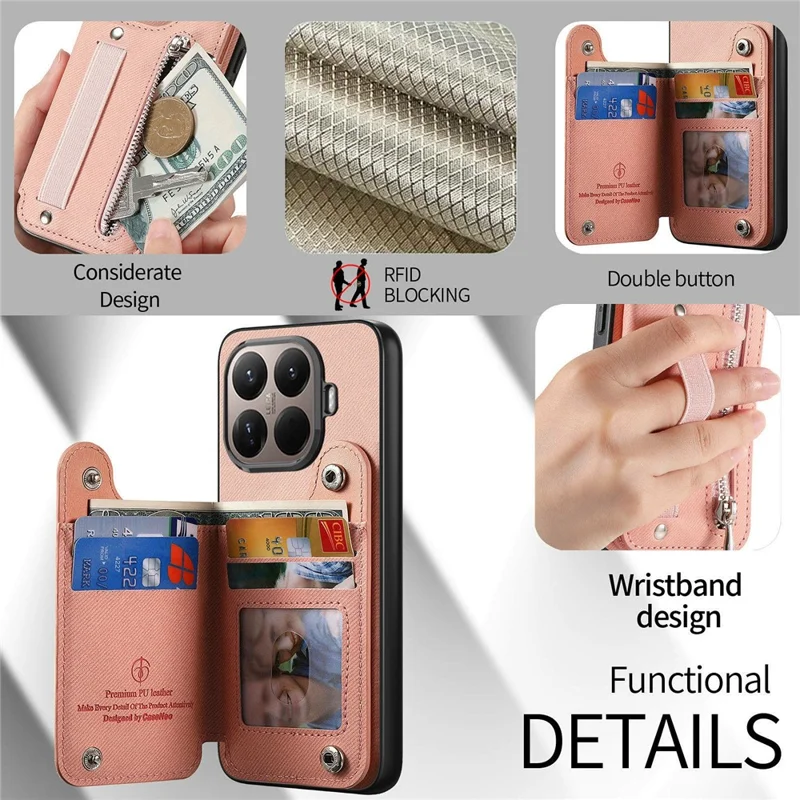 For Xiaomi 17T Case RFID Blocking Card Holder Jeans Cloth Texture Leather Back Cover with Elastic Wristband - Pink