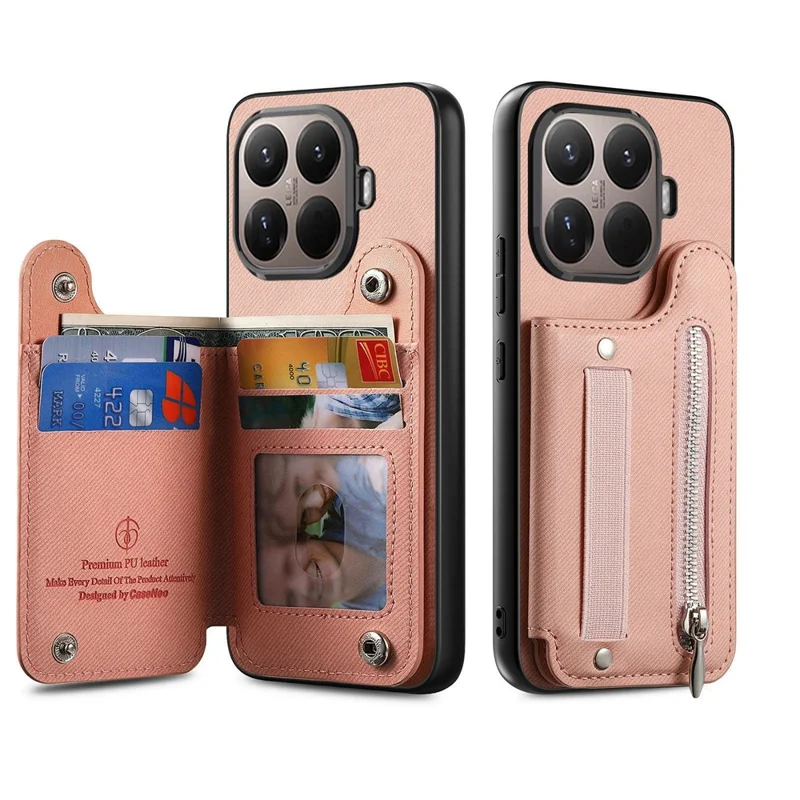 For Xiaomi 17T Case RFID Blocking Card Holder Jeans Cloth Texture Leather Back Cover with Elastic Wristband - Pink