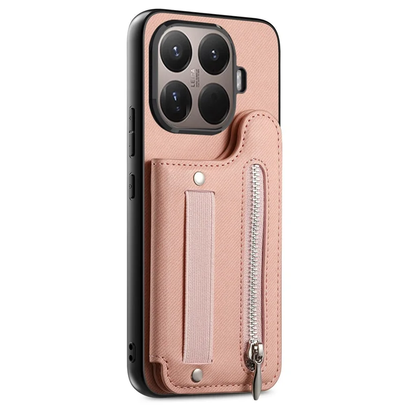 For Xiaomi 17T Case RFID Blocking Card Holder Jeans Cloth Texture Leather Back Cover with Elastic Wristband - Pink