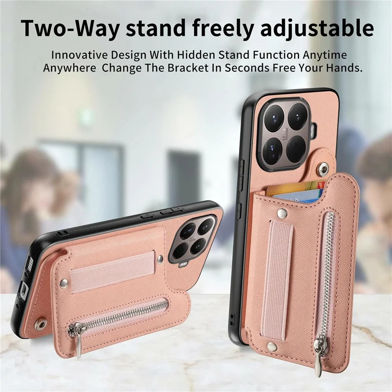 For Xiaomi 17T Case RFID Blocking Card Holder Jeans Cloth Texture Leather Back Cover with Elastic Wristband - Pink
