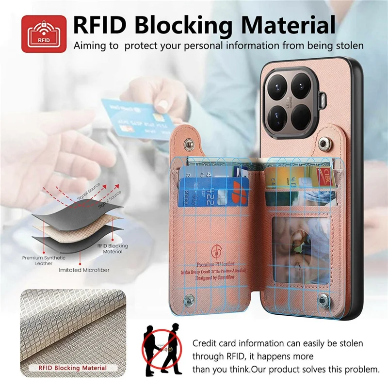 For Xiaomi 17T Case RFID Blocking Card Holder Jeans Cloth Texture Leather Back Cover with Elastic Wristband - Pink
