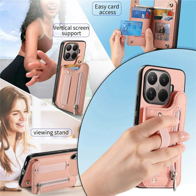 For Xiaomi 17T Case RFID Blocking Card Holder Jeans Cloth Texture Leather Back Cover with Elastic Wristband - Pink