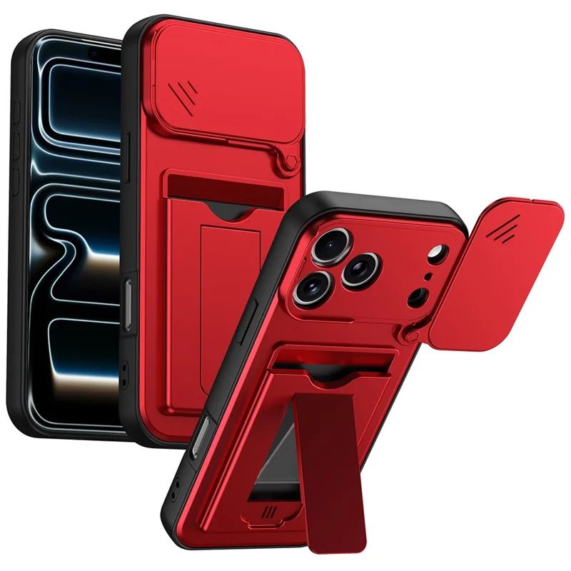 For iPhone 17 Pro Case Slide Camera Cover Kickstand PC + TPU Phone Shell with Card Holder - Red