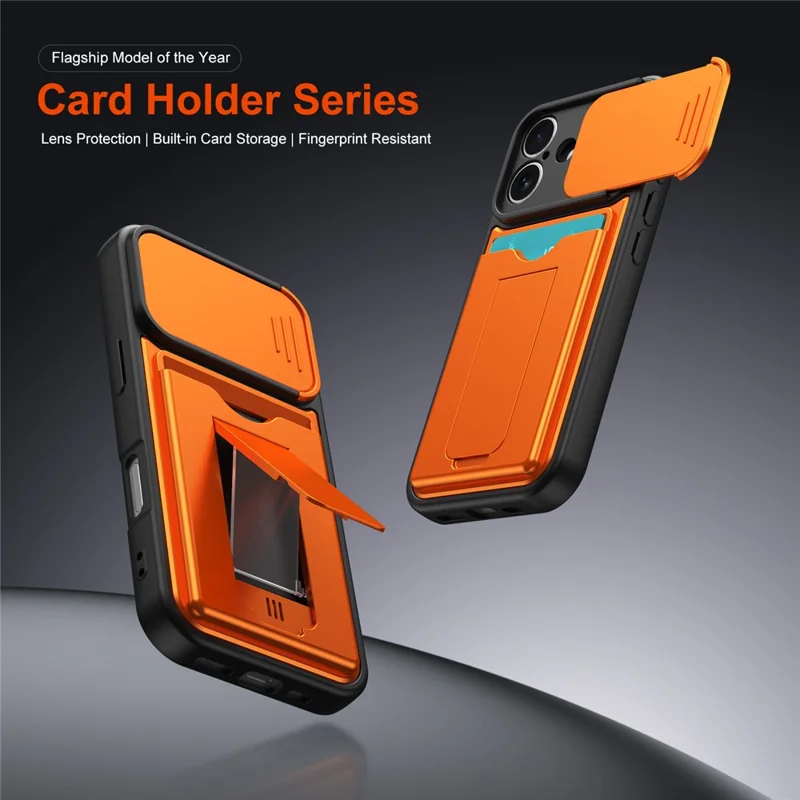 For iPhone 17 Case Slide Camera Cover Kickstand PC + TPU Phone Shell with Card Holder - Orange