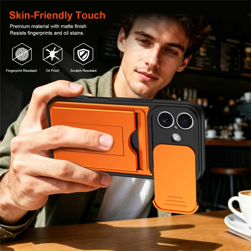 For iPhone 17 Case Slide Camera Cover Kickstand PC + TPU Phone Shell with Card Holder - Orange