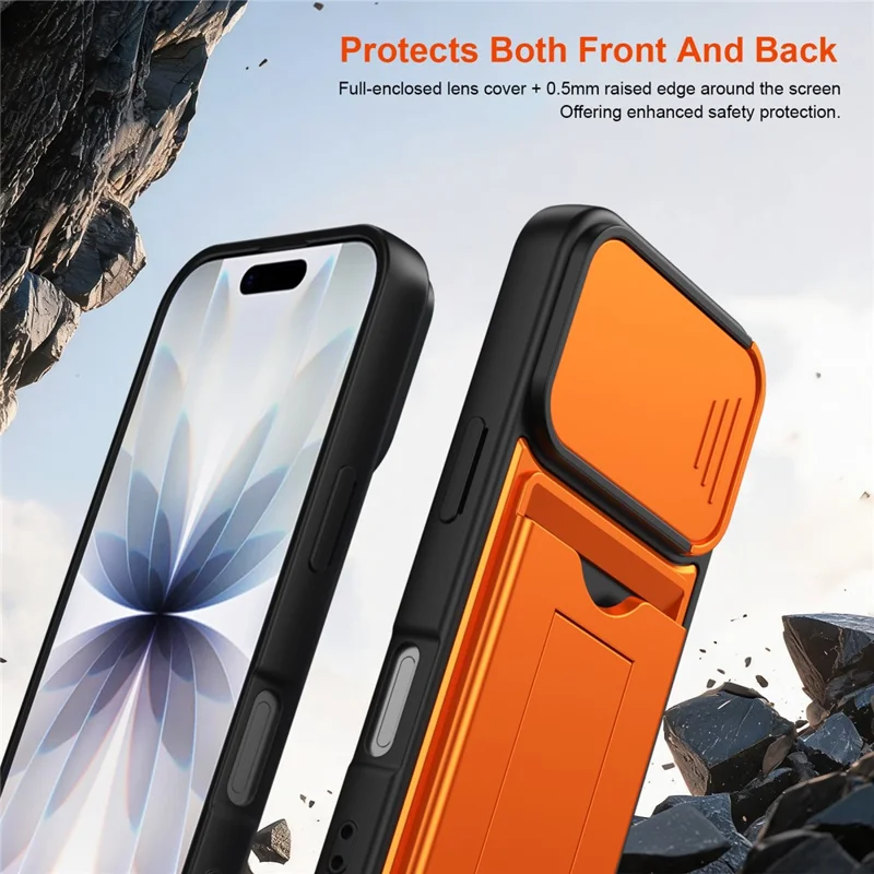 For iPhone 17 Case Slide Camera Cover Kickstand PC + TPU Phone Shell with Card Holder - Orange