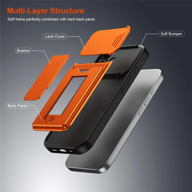 For iPhone 17 Case Slide Camera Cover Kickstand PC + TPU Phone Shell with Card Holder - Orange