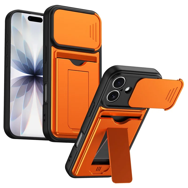 For iPhone 16 Case Slide Camera Cover Kickstand PC + TPU Phone Shell with Card Holder - Orange