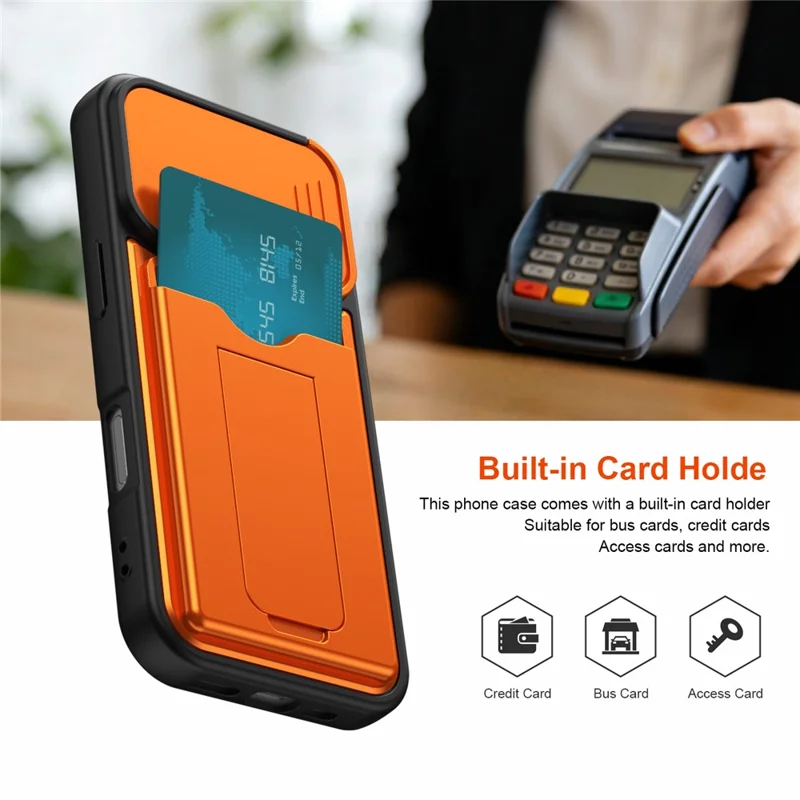 For iPhone 16 Case Slide Camera Cover Kickstand PC + TPU Phone Shell with Card Holder - Orange