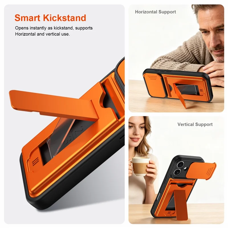 For iPhone 16 Case Slide Camera Cover Kickstand PC + TPU Phone Shell with Card Holder - Orange