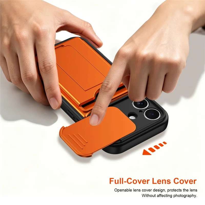 For iPhone 16 Case Slide Camera Cover Kickstand PC + TPU Phone Shell with Card Holder - Orange