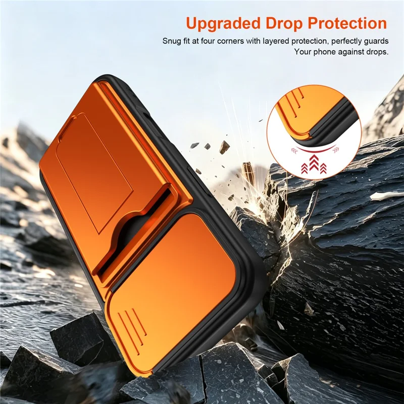 For iPhone 16 Case Slide Camera Cover Kickstand PC + TPU Phone Shell with Card Holder - Orange