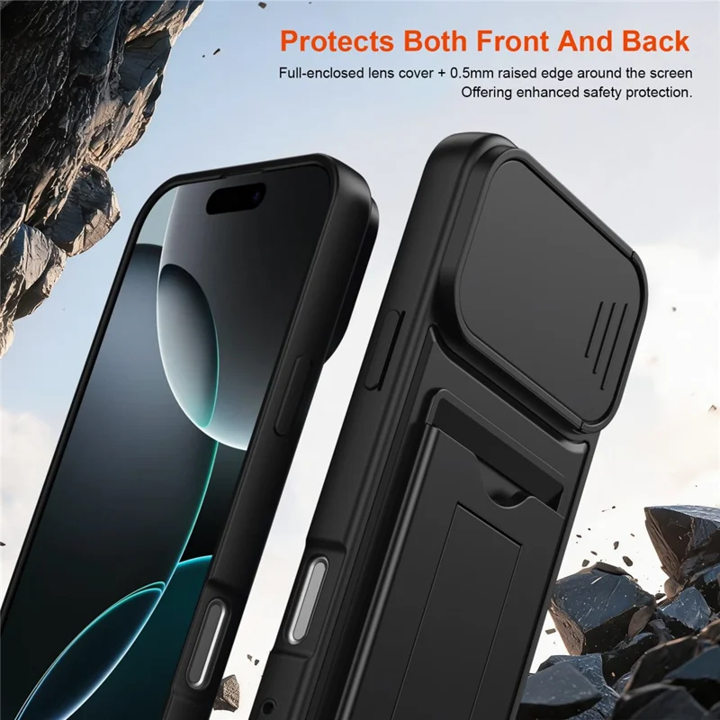 For iPhone 16 Pro Case Slide Kameradæksel Kickstand PC + TPU Telefonskal med Kortlomme - Sort