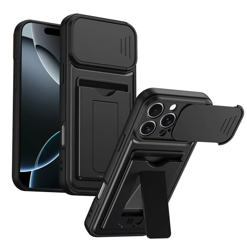 For iPhone 16 Pro Max Case Slide Camera Cover Kickstand PC + TPU Phone Shell with Card Holder - Black