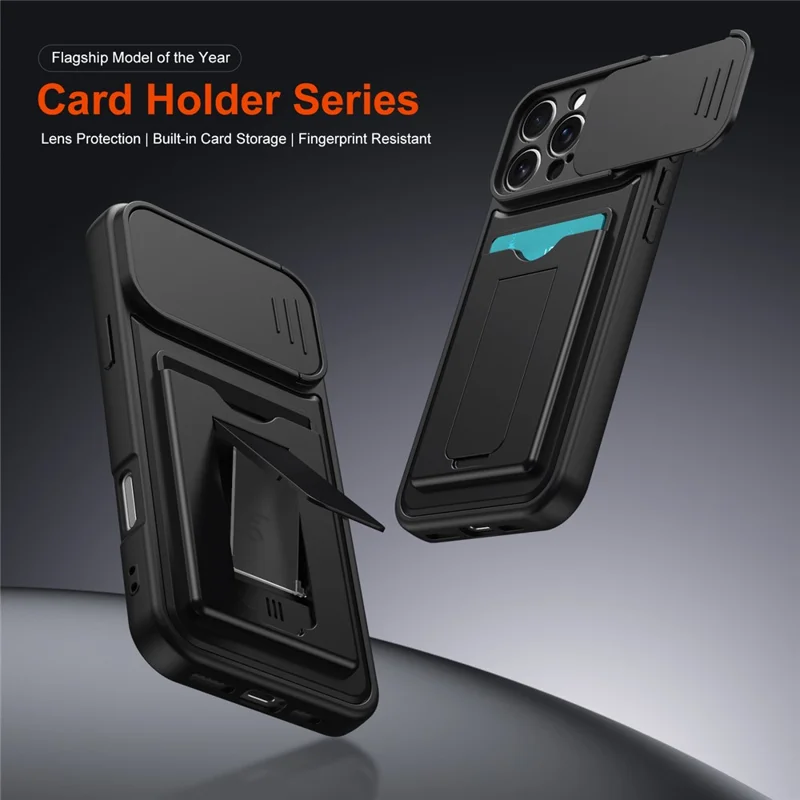 For iPhone 16 Pro Max Case Slide Camera Cover Kickstand PC + TPU Phone Shell with Card Holder - Black