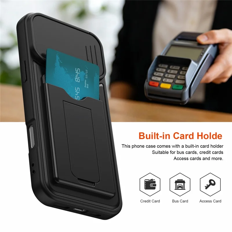 For iPhone 16 Pro Max Case Slide Camera Cover Kickstand PC + TPU Phone Shell with Card Holder - Black