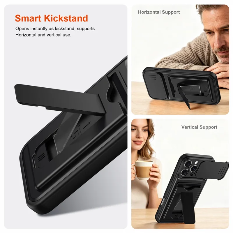 For iPhone 16 Pro Max Case Slide Camera Cover Kickstand PC + TPU Phone Shell with Card Holder - Black