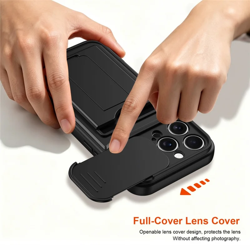 For iPhone 16 Pro Max Case Slide Camera Cover Kickstand PC + TPU Phone Shell with Card Holder - Black
