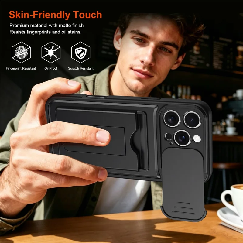 For iPhone 16 Pro Max Case Slide Camera Cover Kickstand PC + TPU Phone Shell with Card Holder - Black