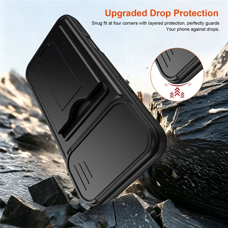 For iPhone 16 Pro Max Case Slide Camera Cover Kickstand PC + TPU Phone Shell with Card Holder - Black