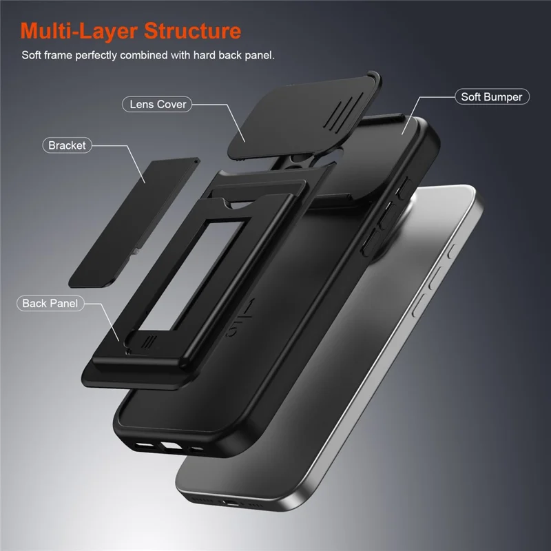 For iPhone 16 Pro Max Case Slide Camera Cover Kickstand PC + TPU Phone Shell with Card Holder - Black