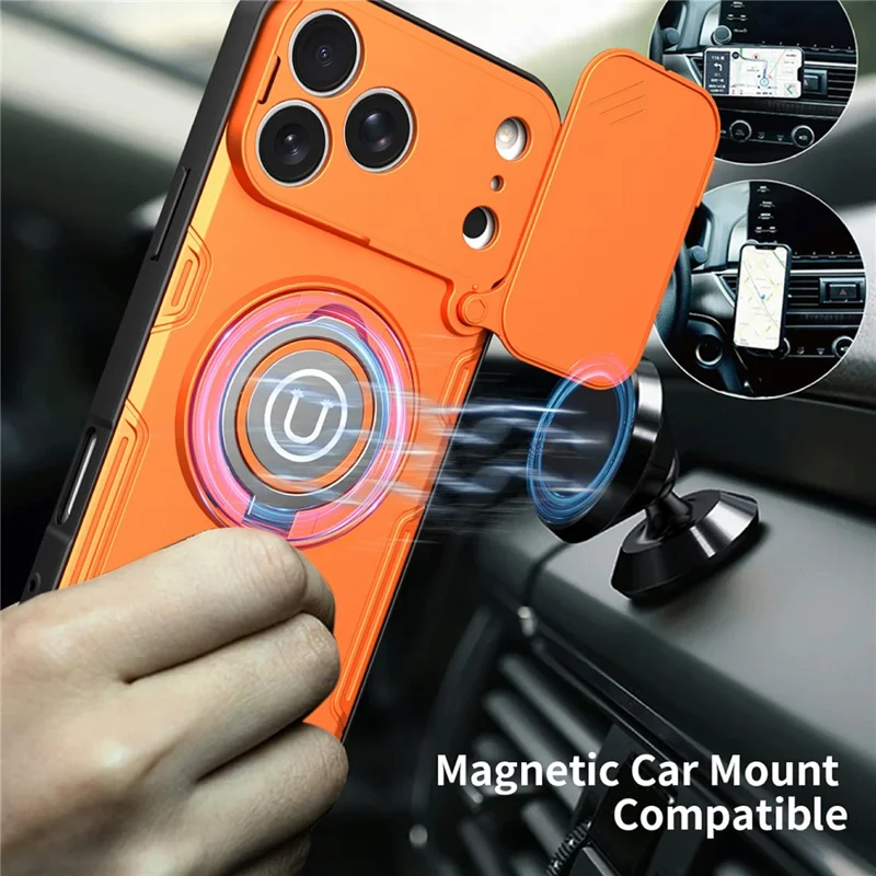 For iPhone 17 Pro Case Sliding Camera Cover Ring Kickstand PC + TPU Phone Shell with Tempered Glass Film - Orange
