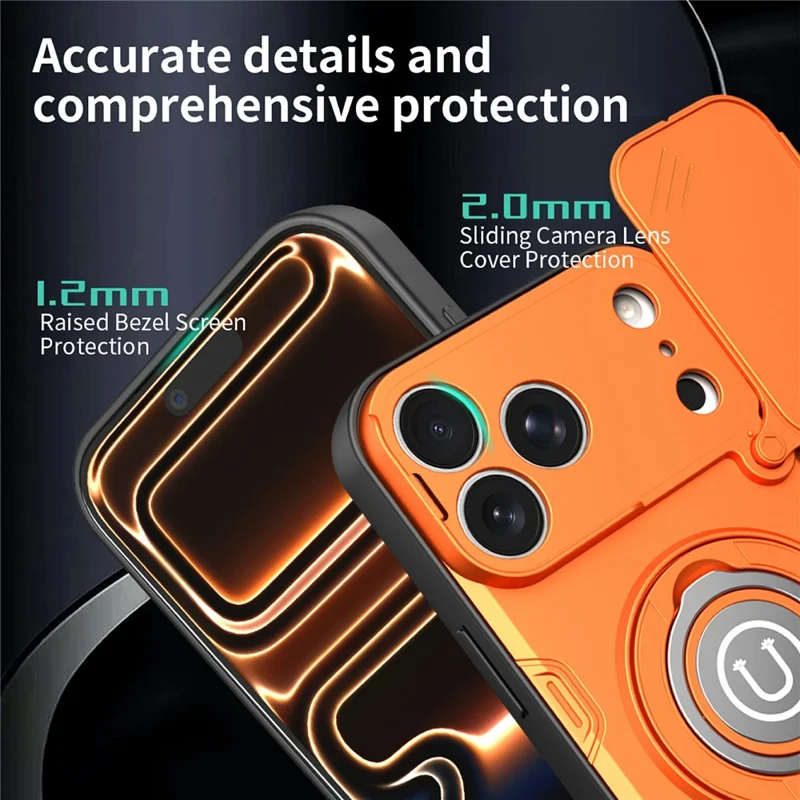 For iPhone 17 Pro Case Sliding Camera Cover Ring Kickstand PC + TPU Phone Shell with Tempered Glass Film - Orange