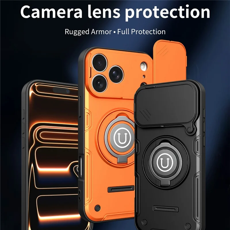 For iPhone 17 Pro Case Sliding Camera Cover Ring Kickstand PC + TPU Phone Shell with Tempered Glass Film - Orange