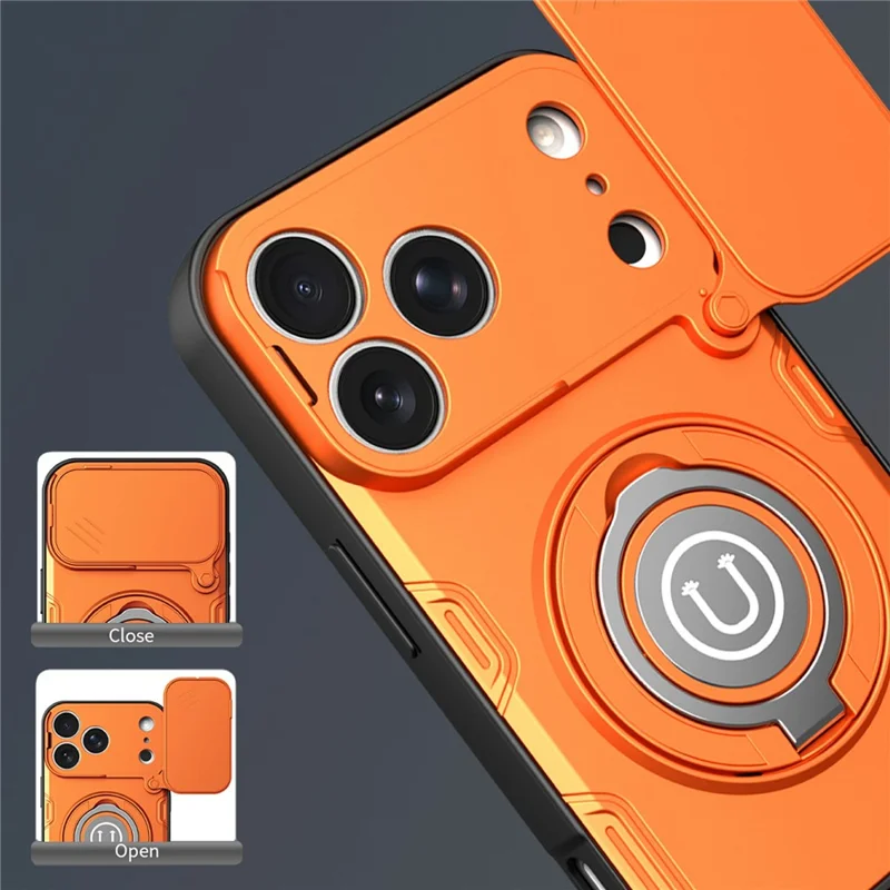 For iPhone 17 Pro Case Sliding Camera Cover Ring Kickstand PC + TPU Phone Shell with Tempered Glass Film - Orange