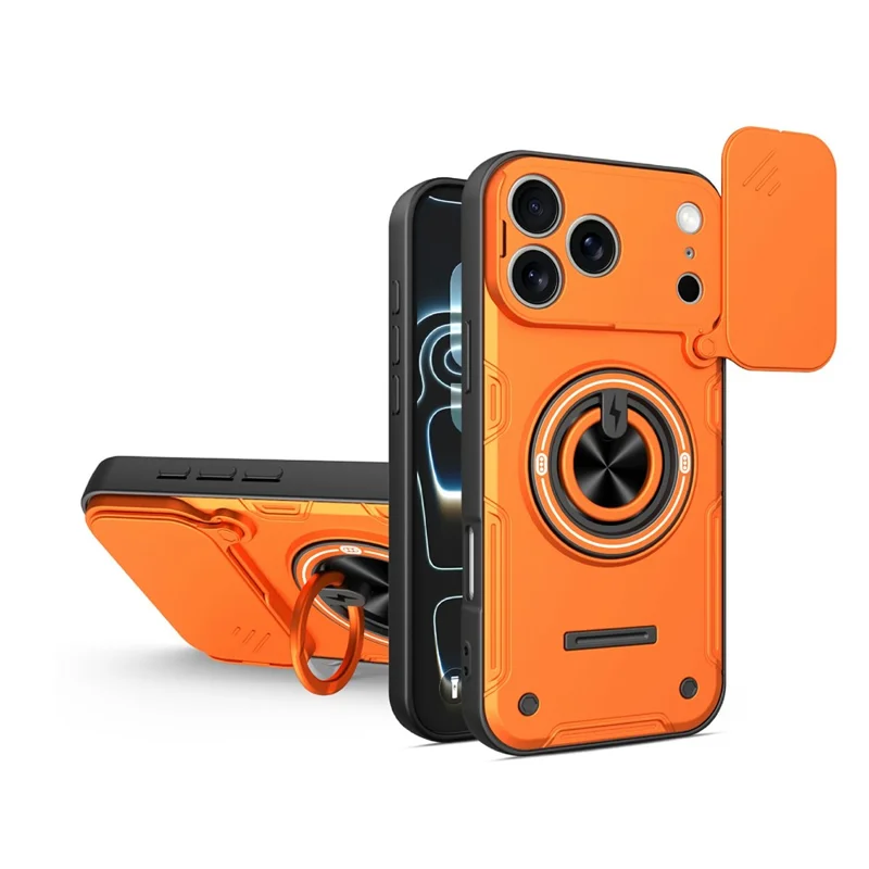 For iPhone 17 Pro Max Case Sliding Camera Cover Ring Kickstand PC + TPU Phone Shell with Tempered Glass Film - Orange