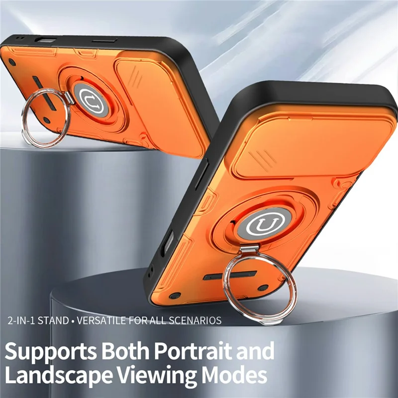 For iPhone 17 Pro Max Case Sliding Camera Cover Ring Kickstand PC + TPU Phone Shell with Tempered Glass Film - Orange