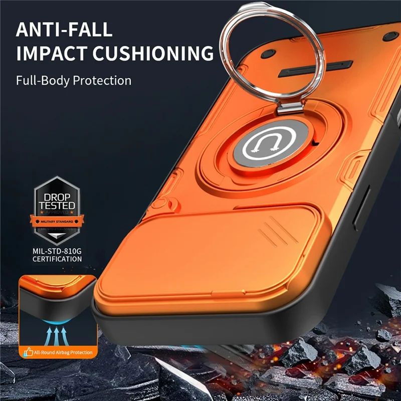 For iPhone 17 Pro Max Case Sliding Camera Cover Ring Kickstand PC + TPU Phone Shell with Tempered Glass Film - Orange