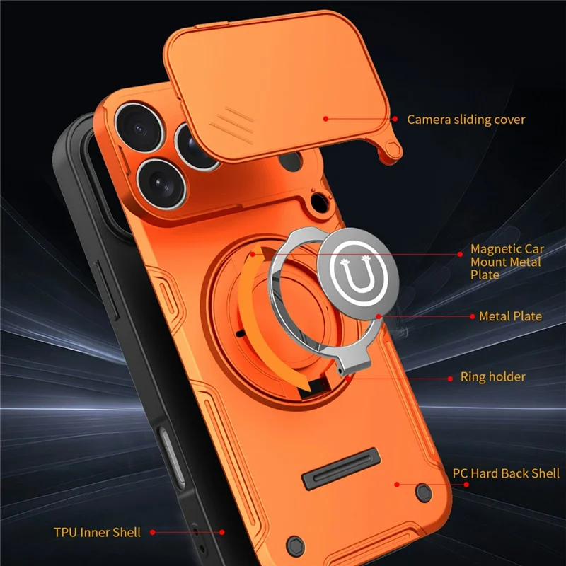For iPhone 17 Pro Max Case Sliding Camera Cover Ring Kickstand PC + TPU Phone Shell with Tempered Glass Film - Orange
